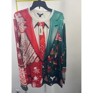 Ouku Mens XL Ugly Christmas Tuxedo Graphic Long Sleeve Shirt Red Green New